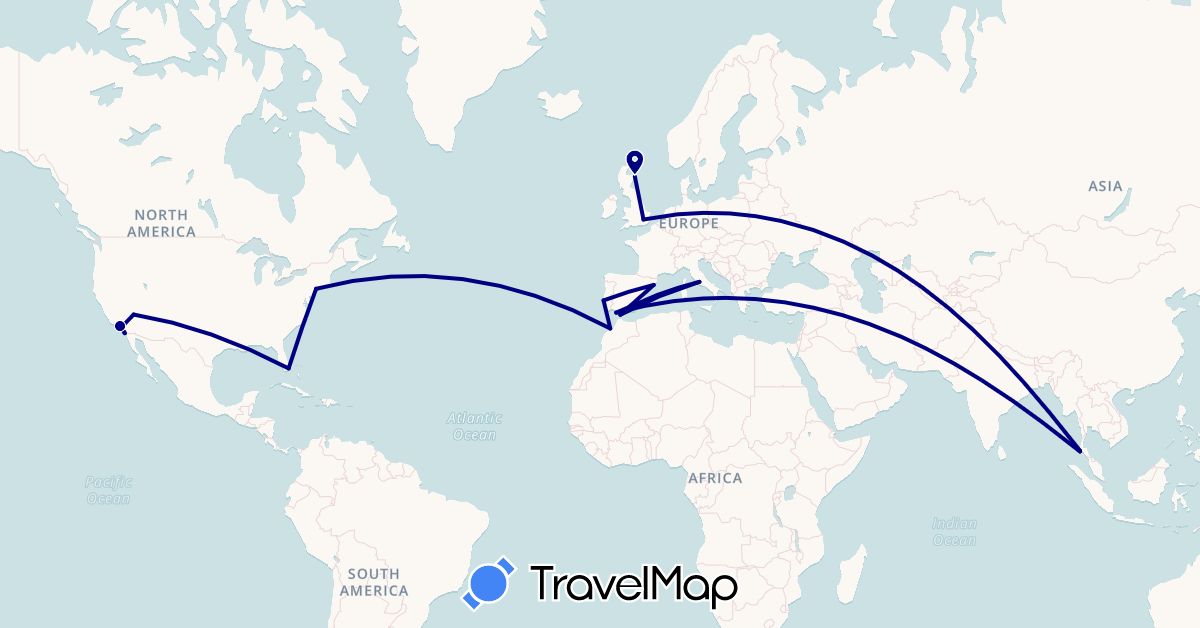 TravelMap itinerary: driving in Spain, United Kingdom, Gibraltar, Italy, Morocco, Portugal, Thailand, United States (Africa, Asia, Europe, North America)